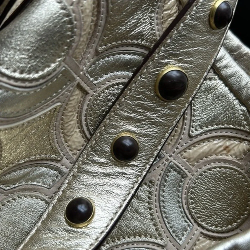 Coach Peyton Mosaic Leather Hobo Op Art Silver Gold Shoulder Bag Patchwork Purse - Picture 8 of 16